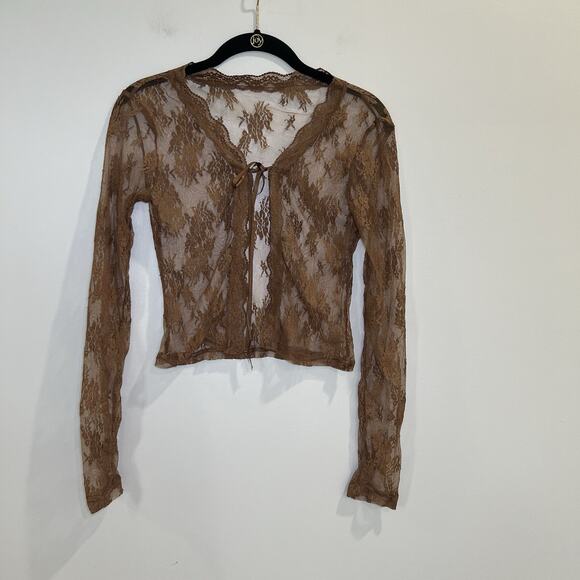 Y2K Top Chocolate Brown‎ Lace Tie Up Cardigan/Bolero Unbranded See Through Lace - Picture 1 of 4